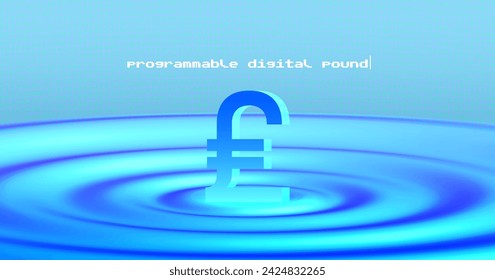 Vektor blaues 3D-Symbol des digitalen Pfundes von Großbritannien auf der Oberfläche einer hellen glühenden Flüssigkeit mit divergierenden runden Wellen. Virtueller Cyan-Krypto-Finanzraum.