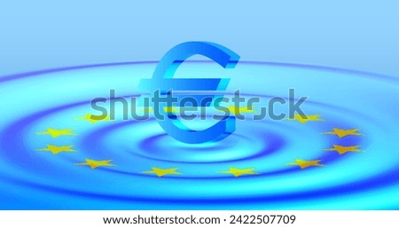 Vector blue 3d symbol of the digital euro of European union on the surface of a bright glowing liquid with diverging round waves. Virtual cyan crypto financial space.