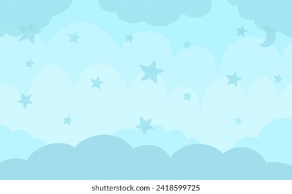 Vector blue abstract background with clouds and stars. Magic or fantasy world scene with place for text. Cute fairytale horizontal nature landscape for card, social media post. Night sky illustration