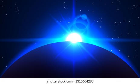Vector blue abstract background with a solar eclipse. Black open space with a star shining from behind a planet igniting its horizon. Round black placeholder for your text. - Vector