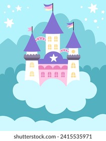 Fondo abstracto azul vectorial con castillo unicornio, nubes, estrellas. Escena del mundo mágico o de fantasía con lugar para el texto. Cuidado paisaje de naturaleza vertical de cuento de hadas para los niños. Ilustración de cielo nocturno 
