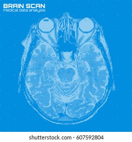 Vector blue abstract brain tomography analysis illustration. Digital brain x-ray scan. Medical data MRI visualization concept. Futuristic healthcare software HUD UI. Data driven image. Human head