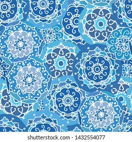 Vector blue abstract Doodle snowflakes Seamless Pattern Background. Handdrawn Mandala background Great for winter elegant texture fabric, cards, wedding invitations, wallpaper. Frost, cold, blue, ice,