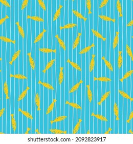 Vector blue abstract fish scattered pattern with stripes. Suitable for gift wrap, textile and wallpaper.