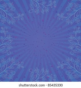 Vector blue abstract floral background with contours flowers, rays and confetti