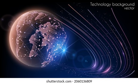 Vector. Blue abstract futuristic background. Satellites and rockets in orbit of planet Earth. Plasma clot of energy. Glowing rays with flickering particles. Wave effect. Science and technology.