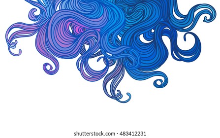 Vector blue abstract hand-drawn pattern with waves and clouds. Stylish illustration in boho style isolated on white. Fabrics, textiles, paper, wallpaper. Retro hand drawn ornament.
