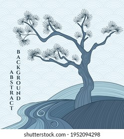 vector blue abstract illustration of tree, japanese abstraction