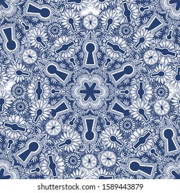 Vector Blue Abstract Keyhole Mandala Seamless Pattern
