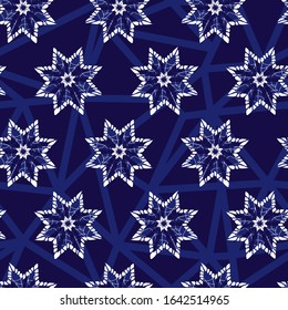 Vector blue abstract snowflake stars seamless background 06. Suitable for textile, gift wrap and wallpaper.