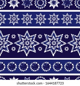 Vektorillustration blauer abstrakter Sterne und kreisen horizontale Streifen nahtlosen Hintergrund. Geeignet für Textilien, Geschenkverpackungen und Tapeten.