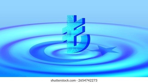 Cartel volumétrico abstracto azul Vector. Símbolo 3D de lira turca digital, ondas redondas divergentes, chip de computadora y luna creciente con estrella. Tecnologías financieras de la República de Turquía. Espacio virtual