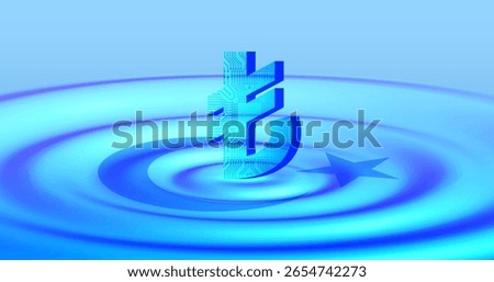 Vector blue abstract volumetric poster. 3d symbol of digital Turkish lira, diverging round waves, computer chip and crescent moon with star. Financial technologies of Republic of Turkey. Virtual space