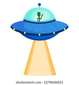 Vector blue alien spaceship icon with light isolated on white. UFO, unknown flying object concept.