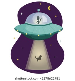 Vector blue alien spaceship icon with light, stolen cat isolated on white. UFO, unknown flying object concept