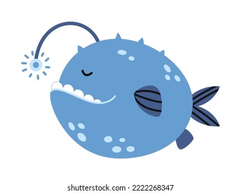 Vector blue angler fish. Cute sea fish in flat design. Lophius with flashlight.