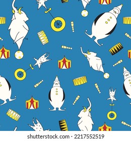 Vector blue animal circus seamless pattern. Dancing elephants, dogs on unicycles and sad penguin clowns perform funny circus acts among jugglings clubs. Part of Animal Circus collection by Tamara Rapp
