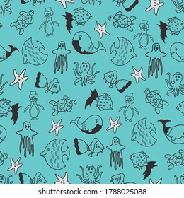 Vector blue aquatic black and white seamless pattern background