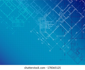 Vector blue architectural background with plans of buildings on the horizontal format