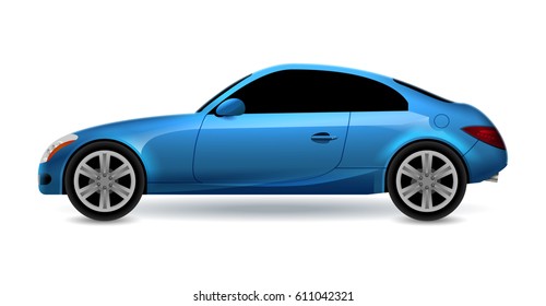 Vector blue automobile coupe isolated profile side view. Luxury modern sedan transport auto car. Side view car design illustration.