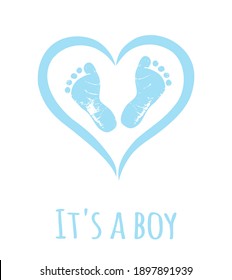 Vector blue baby footprints silhouette print design.Footsteps in outline heart frame shape.Baby shower decor.New born sign icon.It's a boy,girl.Abstract love symbol.Vinyl wall sticker decal.Foot care 