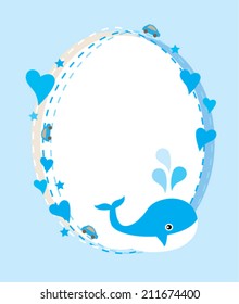 vector blue baby whale with frame, hearts baby shower card