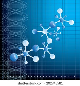 vector blue background with abstract DNA graph and molecule model 