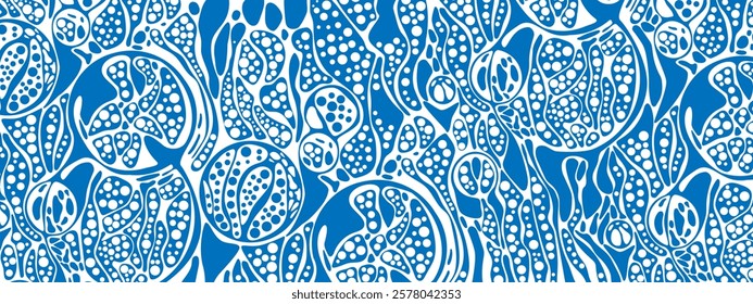 Vector blue background abstract texture chaotic wave, particles, circles. Imitation cellular structure, information network, style of neurography. Poster technology, business, medicine, presentation