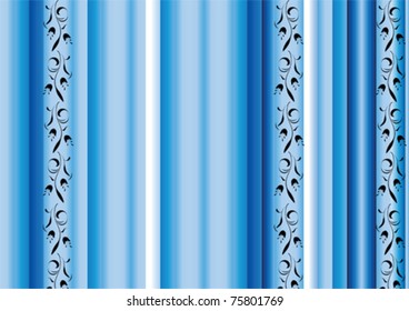 Vector blue background with black patterned flowers