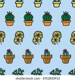 Vector blue background cactus plant in pot, succulents seamless pattern. Seamless pattern background