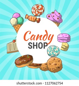 Vector blue background with cartoonish illustrations of sweets.