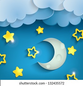 Vector blue background with clouds, the new moon and the stars