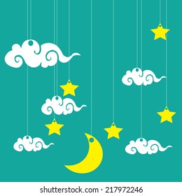 Vector blue background with clouds, the new moon and the stars