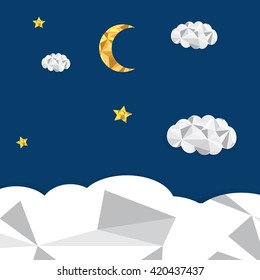 Vector blue background with clouds, the new moon and the stars