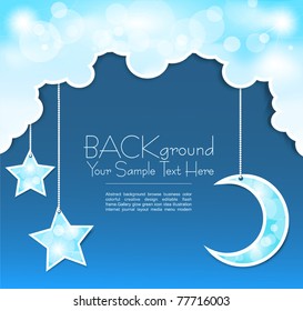 Vector blue background with clouds, the new moon and the stars