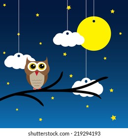 Vector blue background with clouds, Owl, the new moon and the stars