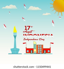 Vector blue background color design, Illustration of Indonesia Icons and landmarks.