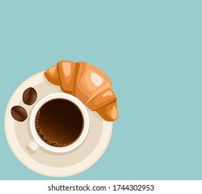 vector blue background with a cup of coffee and crispy croissants