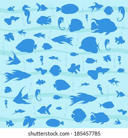 Vector blue background with dark blue sea fishes sea horses, waves and bubbles