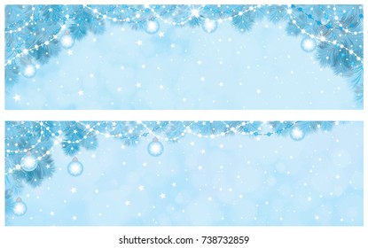 Vector blue  background with fir tree border and decorations.