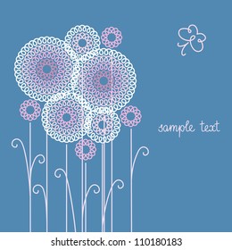 Vector blue background with flowers and butterfly of doodles. Invitation and greeting romantic stylized card with text box. Abstract summery floral illustration for print and web