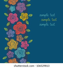 Vector blue background with flowers and leaves of doodles. Floral seamless pattern in hand drawn childish style. Abstract simple ornamental illustration. Greeting card for holiday with text box.