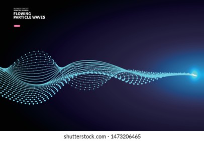 Vector blue background, flowing particle curve