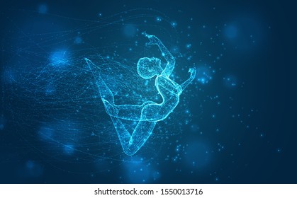 vector blue background, fragile female figure dancing tangled
