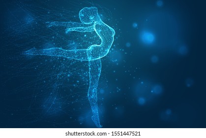 vector blue background, fragile female figure dancing tangled
