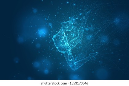vector blue background, fragile female figure dancing tangled
