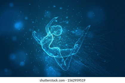 vector blue background, fragile female figure dancing tangled
