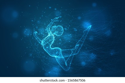 vector blue background, fragile female figure dancing tangled
