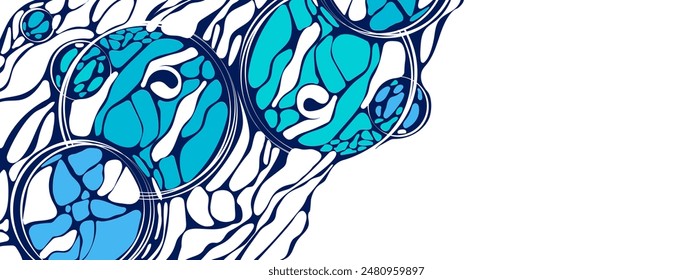 Vector blue background frame. Design plex of chaotic circles, spheres, lines. Neurotrophic texture of network. Cosmic pattern. Poster presentations, business, science, computer screensaver.	
