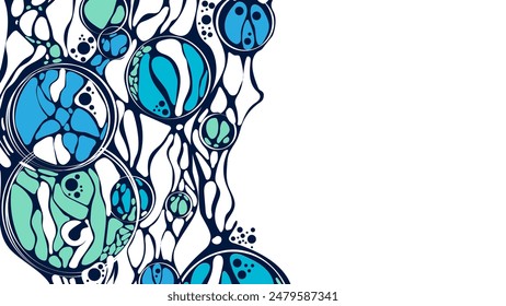 Vector blue background frame. Poster presentations, business, science, computer screensaver. Design plex of chaotic circles, spheres, lines. Neurotrophic texture of network. Cosmic pattern. 